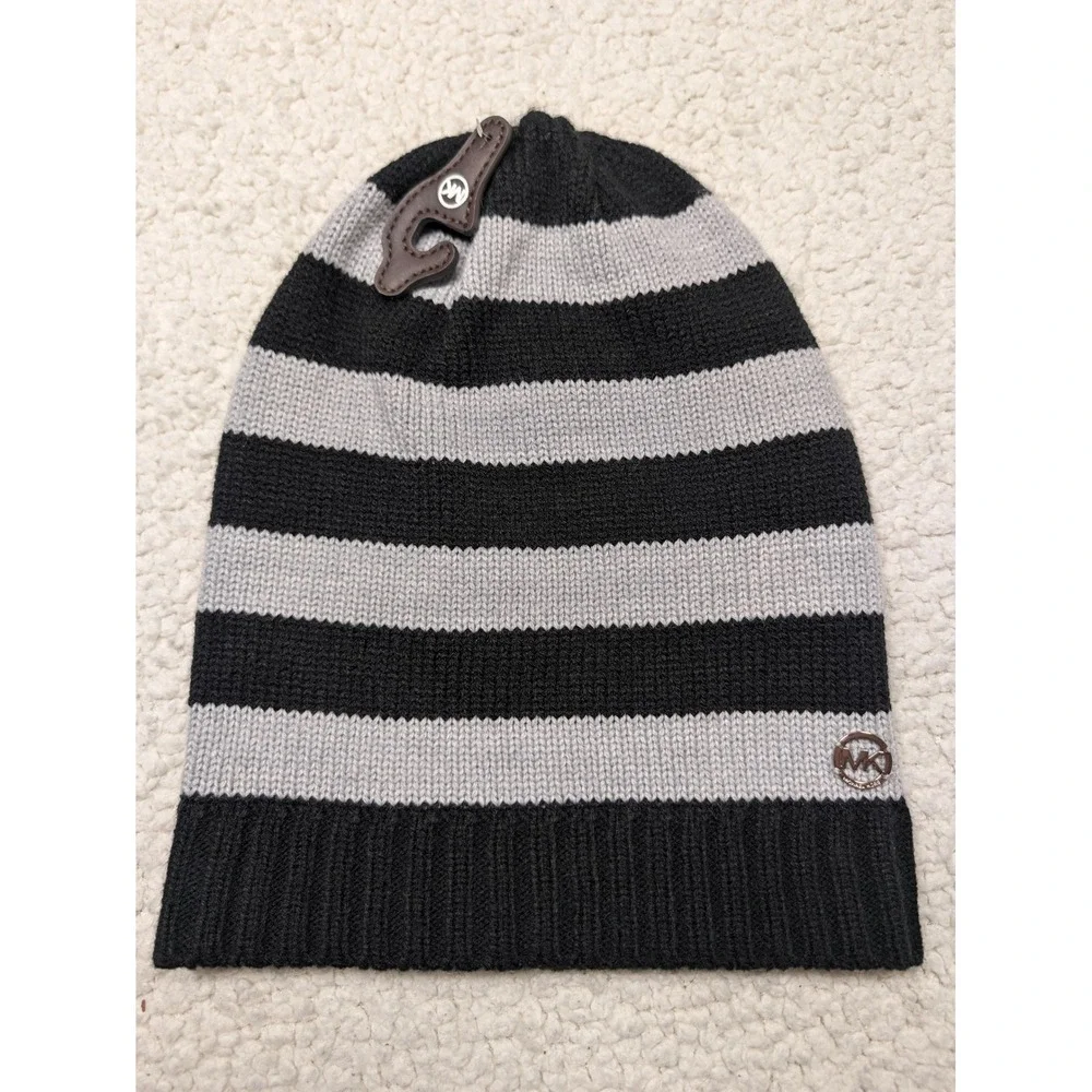 Michael Kors Mens Beanie Striped Knit Acrylic Black Gray Metallic Logo OS Hat